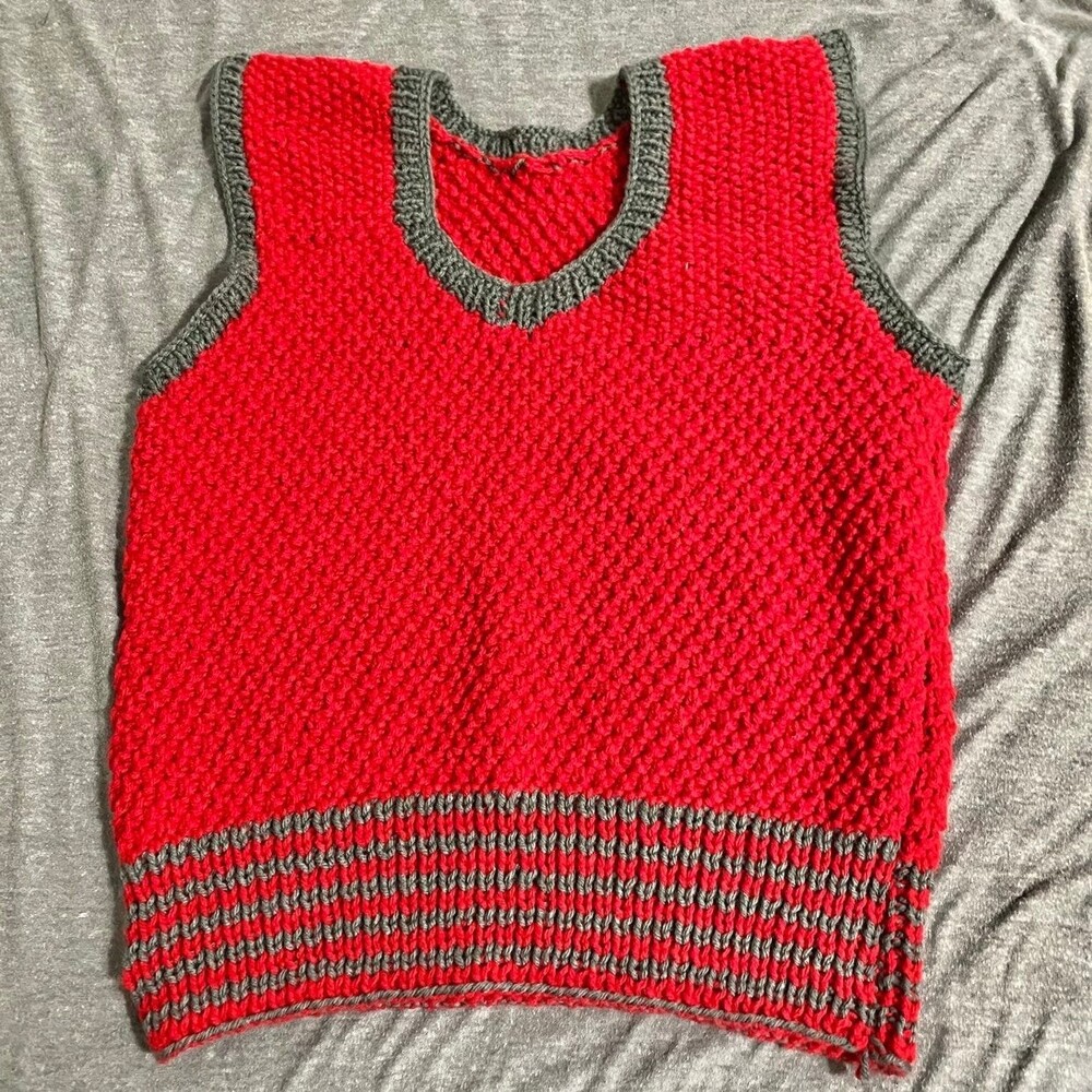 HANDMADE CROCHET SWEATER VEST RED GREY